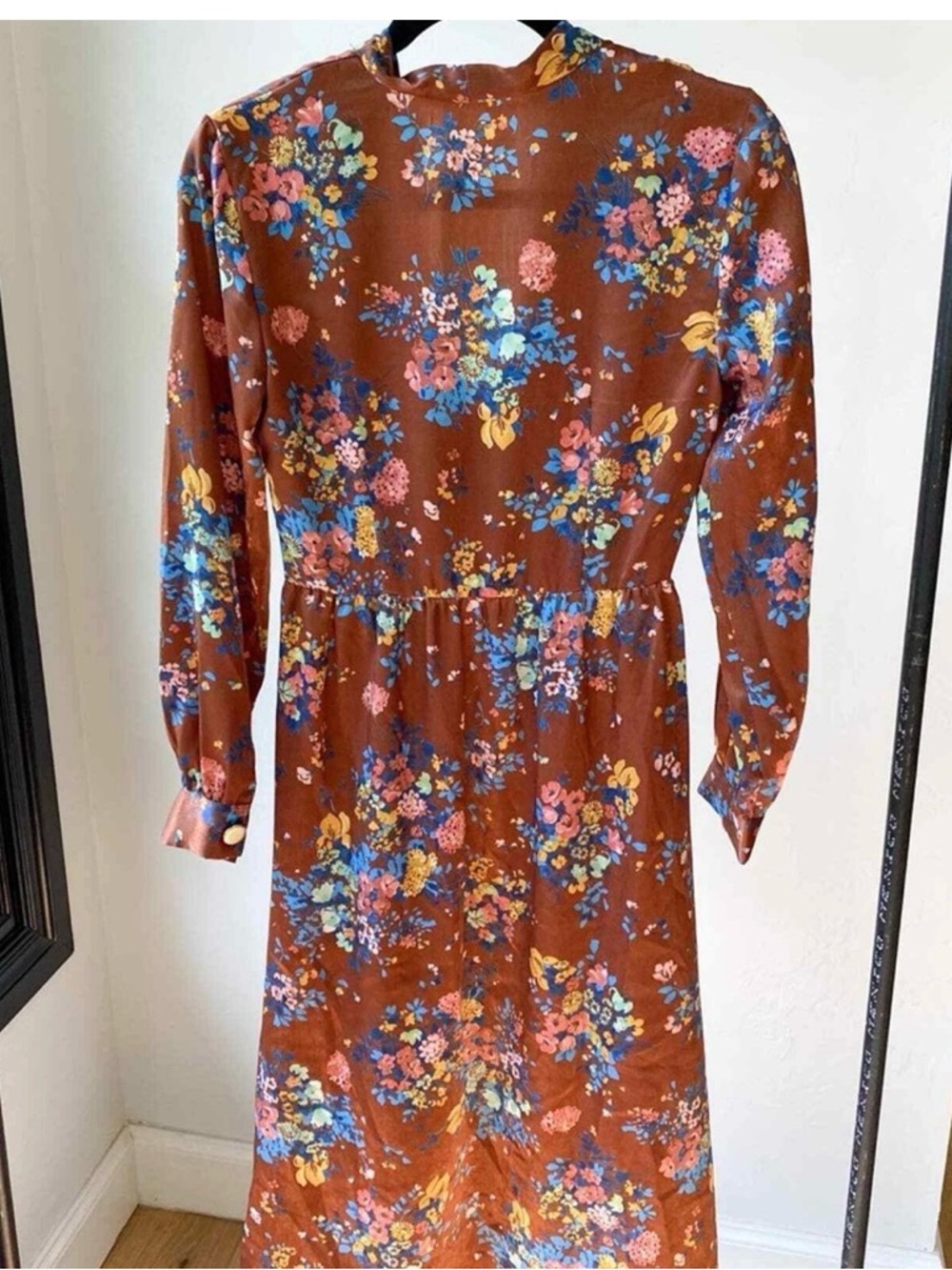 Zara Floral Long-Sleeve Midi Dress in Rust with Multicolor Blooms